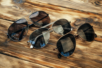 Canvas Print - Set of dark sunglasses on brown wooden surface