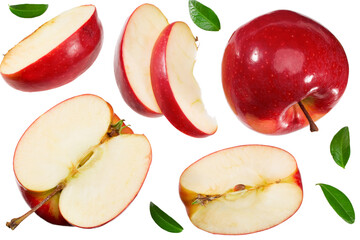 Poster - red apples with slices and green leaves isolated on a white background. top view