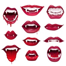 Vampire Mouths And Teeth Vector Set Of Halloween Horror Holiday Monsters. Sexy Female Lips With Fangs, Blood Drops And Tongues, Red Lipstick Open Mouths And Smiles Of Witches Or Beast Creatures