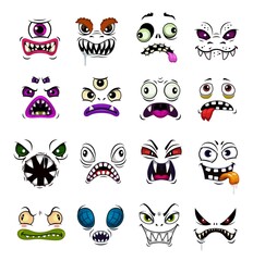 Wall Mural - Monster face funny emoticons cartoon vector. Horror emojis of Halloween zombie, demon or ghost, devil, vampire or beast with different emotions, scary avatars with open mouth and evil eyes
