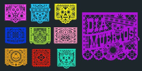 Wall Mural - Papel picado, Mexican paper banners and pecked flags, vector. Mexico fiesta decoration papel picado traditional design for day of dead Dia de Muertos, paper cut skull in sombrero and flowers ornament