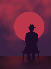 An old man in a fedora hat sits on a bench watching a red and purple sunset. The theme is retirement years and aging..