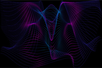 Abstract vector background. Geometric shape of thin blue - pink neon wavy lines in black space.