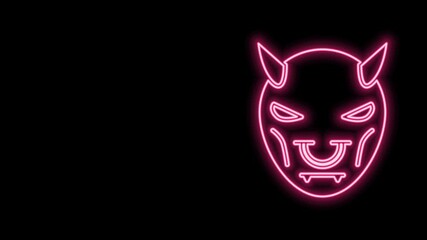 Sticker - Glowing neon line Mask of the devil with horns icon isolated on black background. 4K Video motion graphic animation