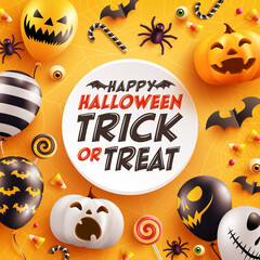 Wall Mural - Halloween Background with cute halloween pumpkin,bat,spider and candy on yellow background. Website spooky,Background or banner Halloween template.Vector illustration.