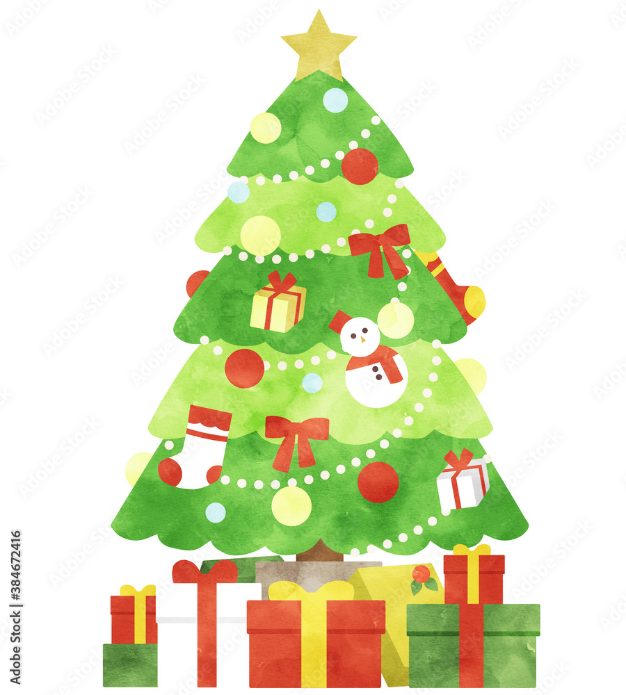 水彩風クリスマスツリーの下にプレゼントがおいてあるイラスト Stock Illustration | Adobe Stock, image size:900x1000
