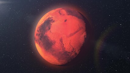 Wall Mural - planet mars rotates with stars and sun flare realistic cinematic vision, red planet, outer space vie