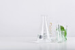 canvas print picture - Natural organic extraction and green herbal leaves, Scientific glassware in laboratory.