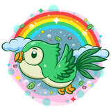 Fototapeta Dinusie - Cute green bird flying with rainbow background