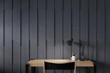 Workspace Of Working Desk And Blackwood Wall.