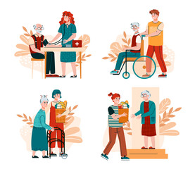 Wall Mural - Social workers support, help old person with disabilities. Volunteers take care at home of elderly, senior, sick patients in wheelchairs, with walkers. Set of vector illustration