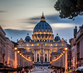 Wall Mural - Evening view of St. Peter's Cathedral. Selective focus. Vatican City, Rome, Italy