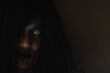 © sorapop - Female zombie in blood. Closeup face and eyes of Asian Woman ghost with blood. Horror creepy scary fear in a dark house. Hair covering the face, Halloween festival concept