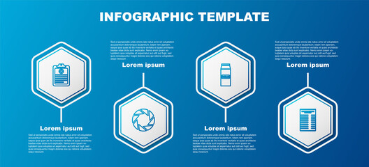 Poster - Set line Clinical record, Camera shutter, Paper package for milk and financial check. Business infographic template. Vector.