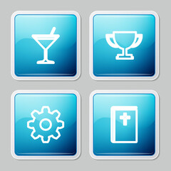 Canvas Print - Set line Martini glass, Trophy cup, Cogwheel gear settings and Holy bible book icon. Vector.