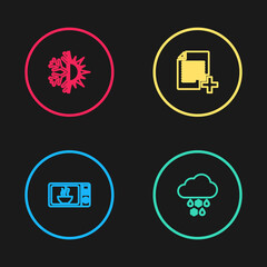 Sticker - Set line Microwave oven, Cloud with snow and rain, Add new file and Sun snowflake icon. Vector.