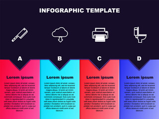 Sticker - Set line Meat chopper, Cloud download, Printer and Toilet bowl. Business infographic template. Vector.