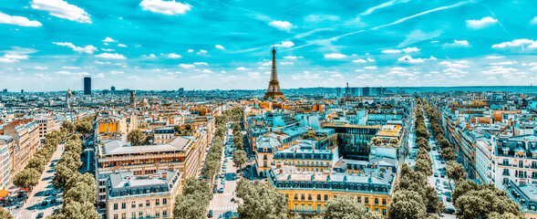 Wall Mural - Beautiful panoramic view of Paris from the roof of the Triumphal Arch. View of the Eiffel Tower.