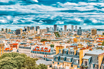 Fototapete - Beautiful panoramic view of Paris from the roof of the Pantheon. View of the district of La Defense.
