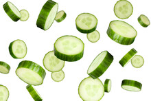 Falling Cucumber Slices Isolated On A White Background With Clipping Path. Flying Vegetables