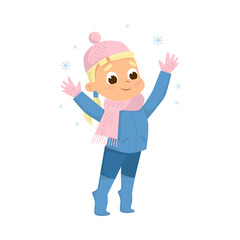 Sticker - Smiling Girl Enjoying Winter Season and Snow Vector Illustration