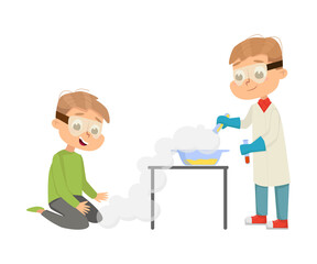 Sticker - Funny Boys in Laboratory Coat Mixing Chemicals in Glass Flask Vector Illustration