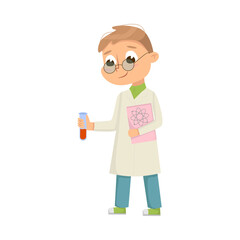 Poster - Little Boy in Laboratory Coat Holding Glass Flask with Chemical Vector Illustration