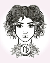 Virgo Astrological Sign. Hand Drawn Art Of A Young Pretty Girl. Coloring Book, Tattoo Art. Isolated Vector Illustration