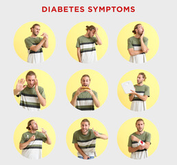 Wall Mural - Young man with diabetes symptoms on grey background