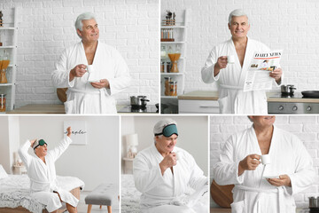 Wall Mural - Collage of photos with morning of mature man at home