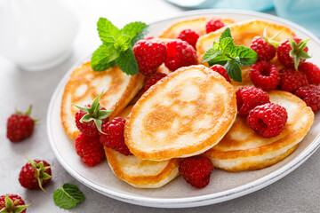 Canvas Print - Breakfast pancakes with fresh raspberry