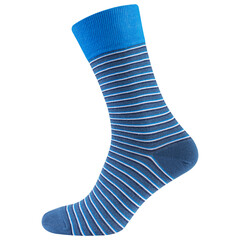 stylish volumetric blue sock with white stripes, on a white background