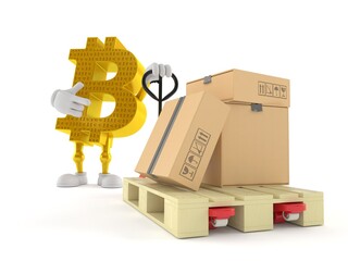 Sticker - Bitcoin character with hand pallet truck with cardboard boxes