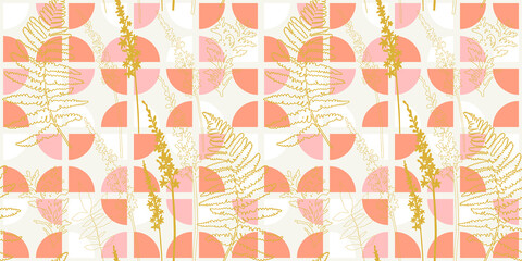 Aufkleber - Botanical vector seamless pattern. Hand drawn plants, wildflowers, leaves and herbs on abstract background with simple geometric shapes.
