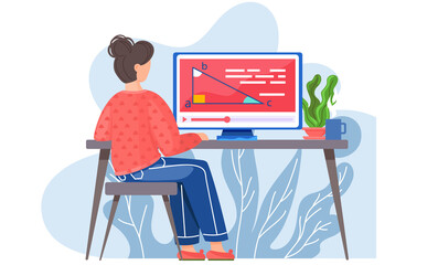 Girl sitting at a table looking at monitor with geometry task back view. Vector image of a character in classroom or at home. Student solves mathematical exercises on blackboard with triangle