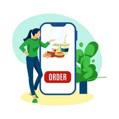 Ordering fast food online via smartphone. Young woman using delivery service mobile app. Tiny woman standing online next big smartphone flat vector illustration