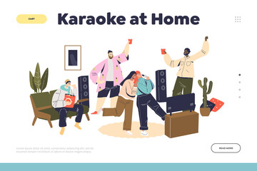 Wall Mural - Karaoke at home landing page template with group of friends singing songs together