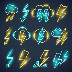 Wall Mural - neon lightning. powerful thunder symbols glow lightning collection vector colored set. illustration 