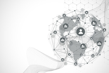 Global network connection concept. Big data visualization. Social network communication in the global computer networks. Internet technology. Business. Science. Vector illustration