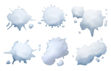 Poster - Snowball splats. Winter game grunge frozen realistic splats vector template. Illustration winter ball to fight snow, game fun with snowball