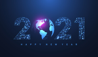 Fototapete - Modern futuristic technology template for Merry Christmas and Happy New Year 2021 with connected lines and dots. Plexus geometric effect. Global network connection. Vector illustration.