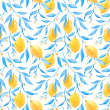 Beautiful Vector Seamless Pattern With Hand Drawn Watercolor Lemons And Blue Leaves. Stock Illustration.