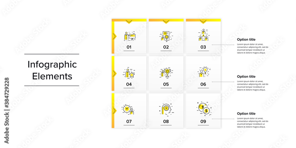 Business square matrix chart infographics with 9 step rectangles ...