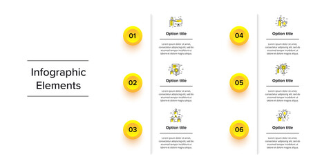 Business process chart infographics with 6 step circles. Circular corporate workflow graphic elements. Company flowchart presentation slide template. Vector info graphic design.