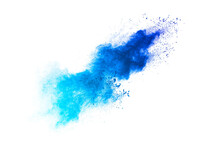 Splash Of Blue Colored Powder. Blue Particles Splatter On White Blackground.