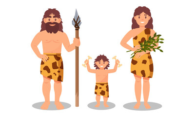 People Characters from Stone Age Wearing Animal Skin and Holding Spear Vector Illustration Set