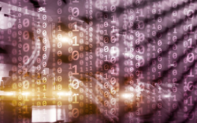 Wall Mural - binary code matrix digital internet technology concept on server room background.