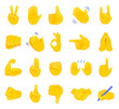 Hand gesture emojis icons collection. Handshake, biceps, applause, thumb, peace, rock on, ok, folder hands gesturing. Set of different emoticon hands isolated illustration.