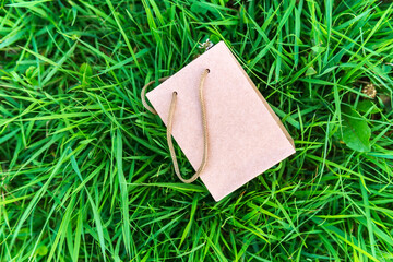 environmental shopping bags on a green natural unfocused background space for text