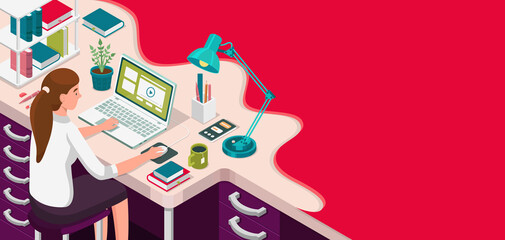 Wall Mural - Learning online at home. Student sitting at desk and looking at laptop. E-learning banner. Web courses or tutorials concept. Distance education flat isometric illustration.